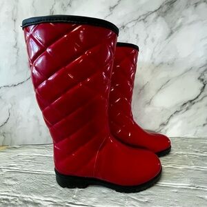 Chrissy Red Quilted Patent Rain Rubber Boots Waterproof